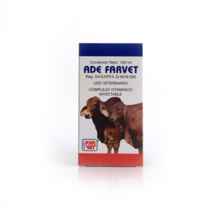 ADE Farvet 100 ml con vitamínicas; A. D. y E coadyuvante en convalecencia, infecciones, raquitismo, estrés, infertilidad en hembras y machos.