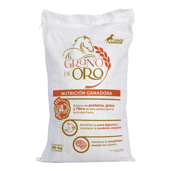 Grano de oro Alimento balanceado para caballos con actividad moderada; Balance de proteína, grasa y fibra de alta calidad para la actividad física.