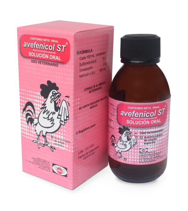 Avefenicol ST para el tratamiento de infecciones susceptibles a la fórmula como: septicemias, infecciones intestinales (salmonelosis, shigelosis y colibacilosis), neumonías, coriza aviar y cólera aviar.