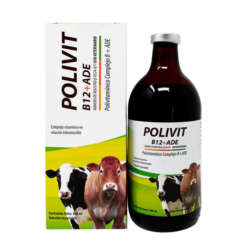 Polivit B 12 + ADE reconstituyente vitamínico aporta vitaminaS A, D, E como las hidrosolubles del complejo B que los animales requieren.