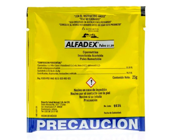 ALFADEX insecticida acaricida en formulación polvo humectable para uso en bovinos, ovinos, caprinos, cerdos, aves y perros, así como en instalaciones pecuarias.