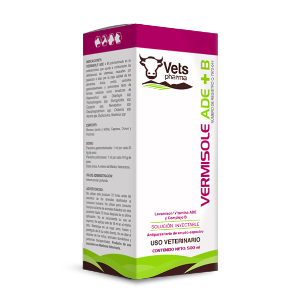 VERMISOLE ADE+B antihelmíntico polivitaminado que ayuda a contrarrestar las deficiencias de vitaminas, causadas por parásitos.