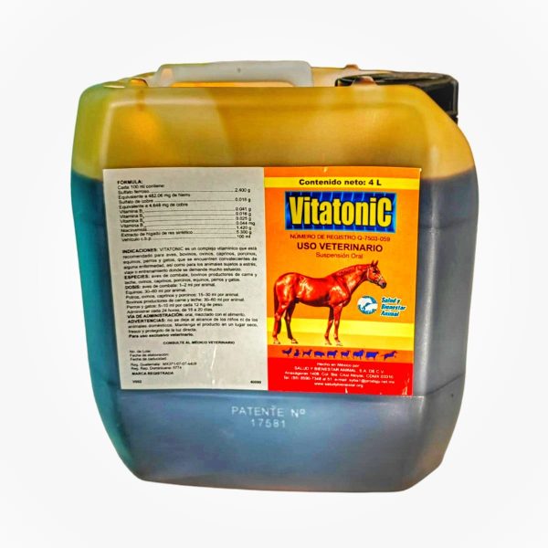 Vitatonic formula vitaminada de 4 litros que está recomendado para aves, bovinos, ovinos, caprinos, porcinos, equinos.