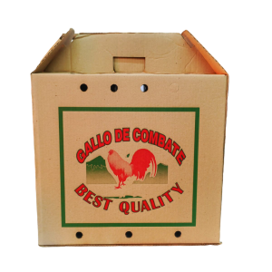 Caja De Transporte Para Gallo fabricada en corrugado impresa a doble tinta, resistente y económica. Diseño especial para el transporte de Gallos.